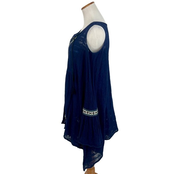 Free People Navy Blue Embroidered Bell Sleeve Cold Shoulder Tunic Mini Dress - Picture 11 of 15
